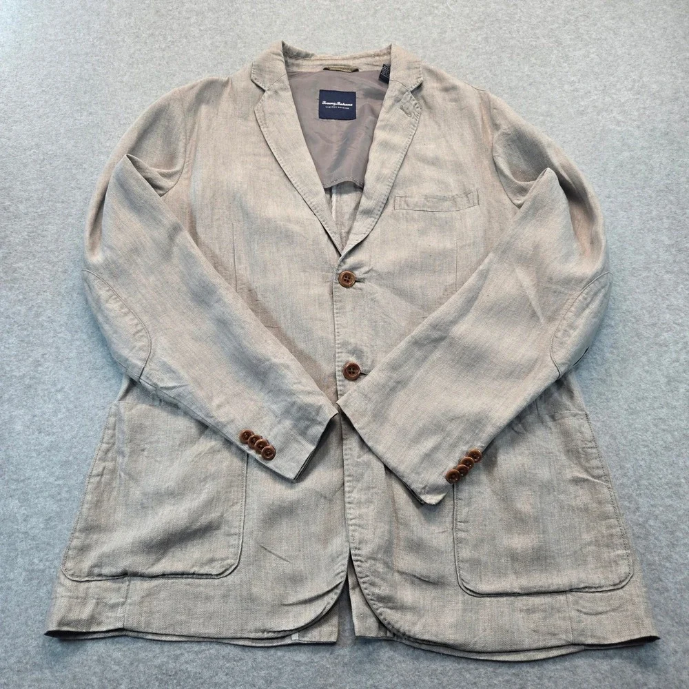 Tommy Bahama Limited Edition Mens Linen Herringbone Blazer Tan Beige Sz M